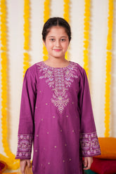 Girls Purple Cambric Cotton Winter Suit with Gold Tilla Embroidery & Tulip Trouser